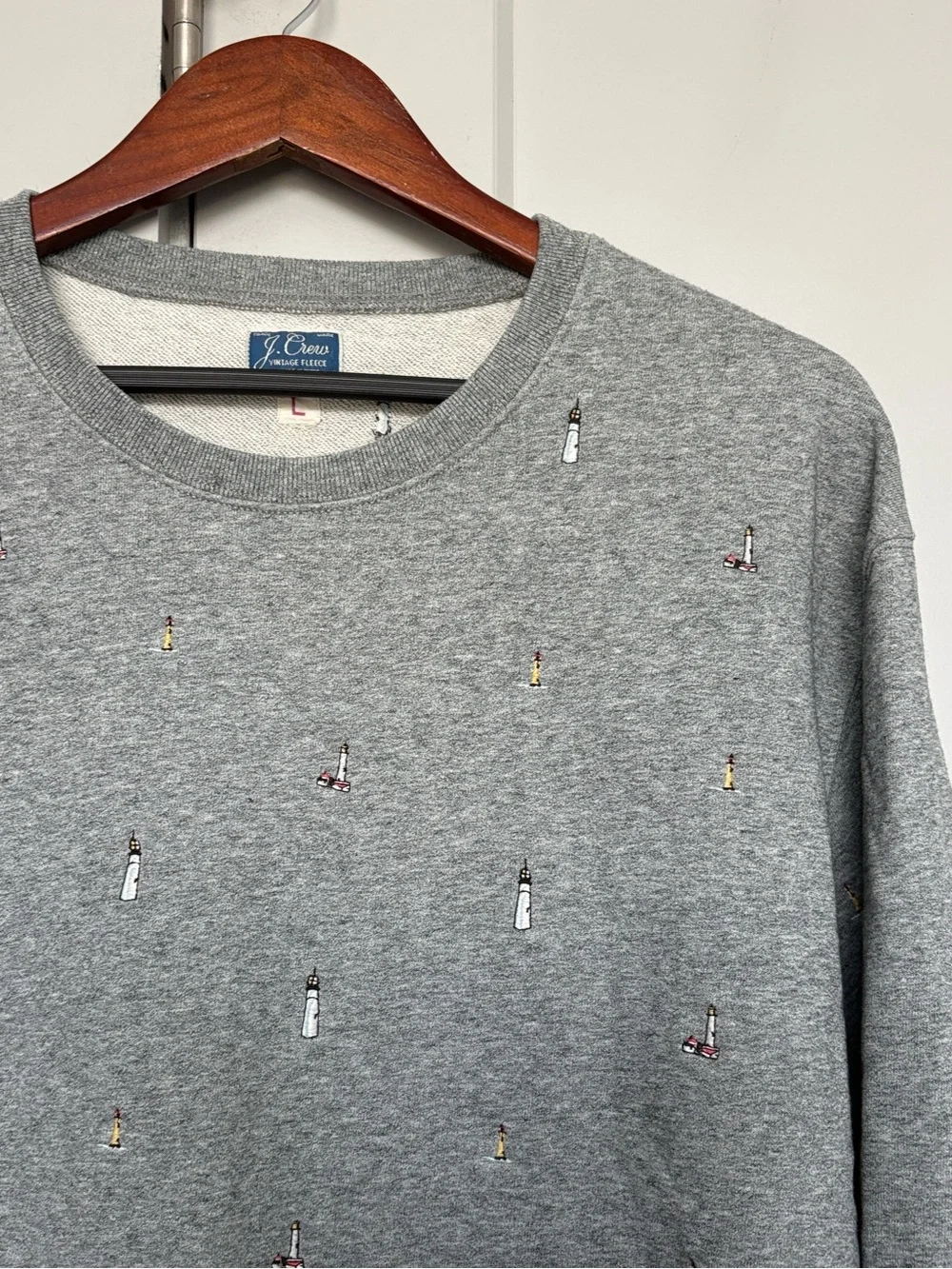 J.CREW VINTAGE FLEECE GREY EMBROIDERED LIGHTHOUSE CREWNECK SWEATSHIRT MENS LARGE